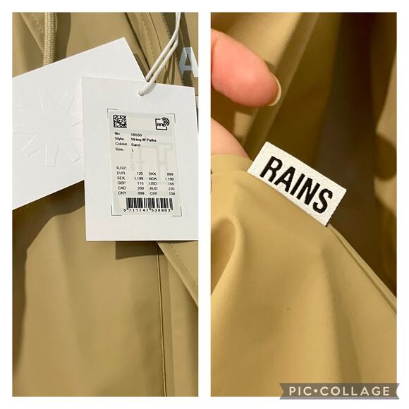 NWT RAINS Unisex Long Rain Jacket Hood Hooded String Parka Sand sz L - Picture 6 of 16